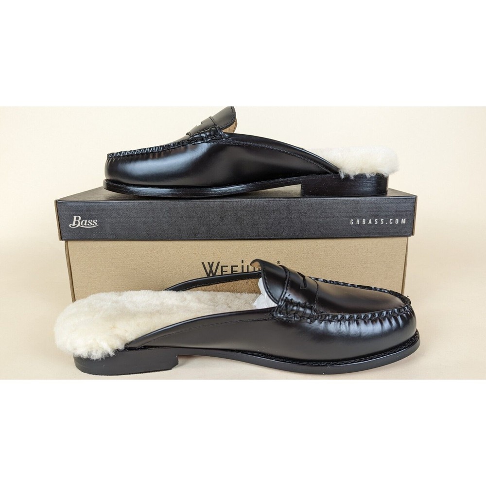 COPY - GH Bass Co Wynn Shearling Lined Mules Womens 9.5 M Black Leather Shoes $…